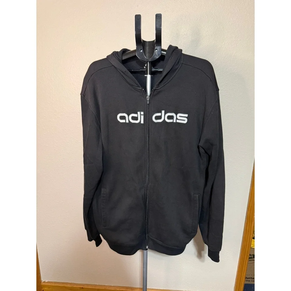 Adidas Mens Full Zip Hoodie Black Fleece Spellout‎ Logo Sweatshirt XL RN 88387